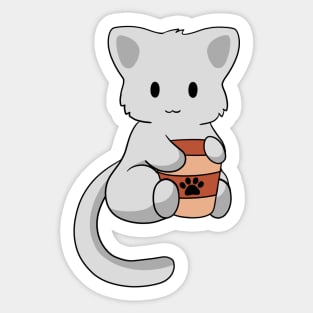 Grey Cat with Coffee Sticker
